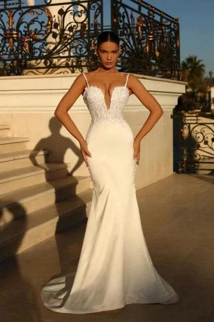 Simple spaghetti straps sleeveless mermaid satin wedding dress with lace (ZD14867)