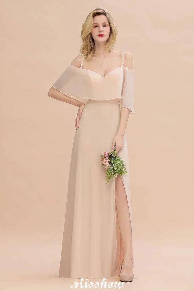 Simple Spaghetti Straps Tiered Bridesmaid Dresses | Side Slit A-Line Sleeveless Evening Maxi Dresses (ZD12932)