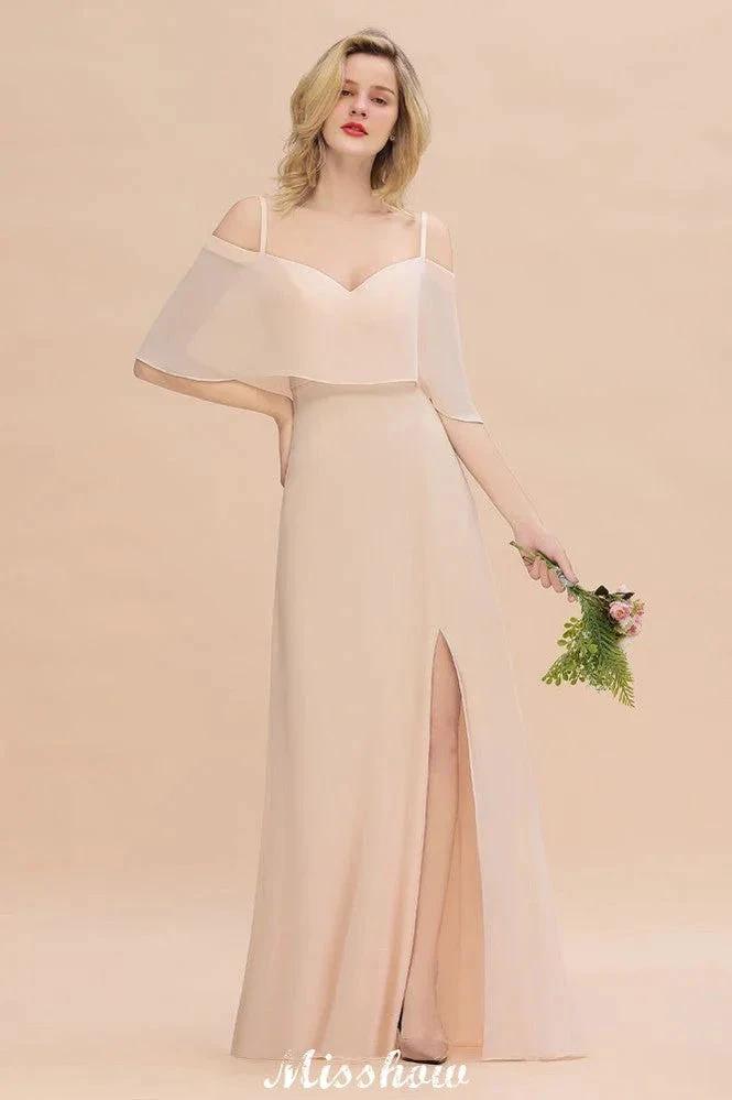 Simple Spaghetti Straps Tiered Bridesmaid Dresses | Side Slit A-Line Sleeveless Evening Maxi Dresses (ZD12932) - VelvetHem