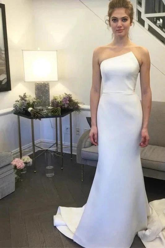 Simple Strapless Pretty Mermaid Long Elegant Ivory Sweep Train Elegant Wedding Dresses (ZD14719)