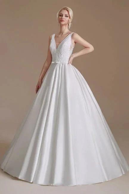 Simple Straps Sleeveless A-Line Floor-Length Satin Wedding Dresses with Ruffles (ZD14664)