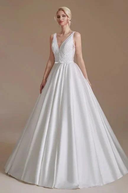Simple Straps Sleeveless A-Line Floor-Length Satin Wedding Dresses with Ruffles (ZD14664)