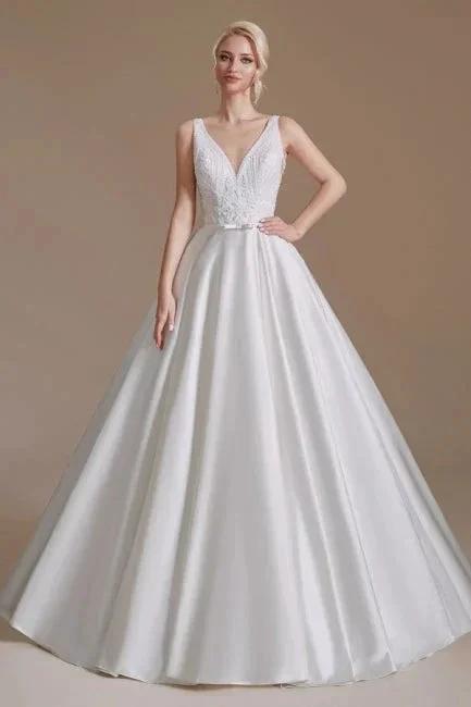 Simple Straps Sleeveless A-Line Floor-Length Satin Wedding Dresses with Ruffles (ZD14664) - VelvetHem