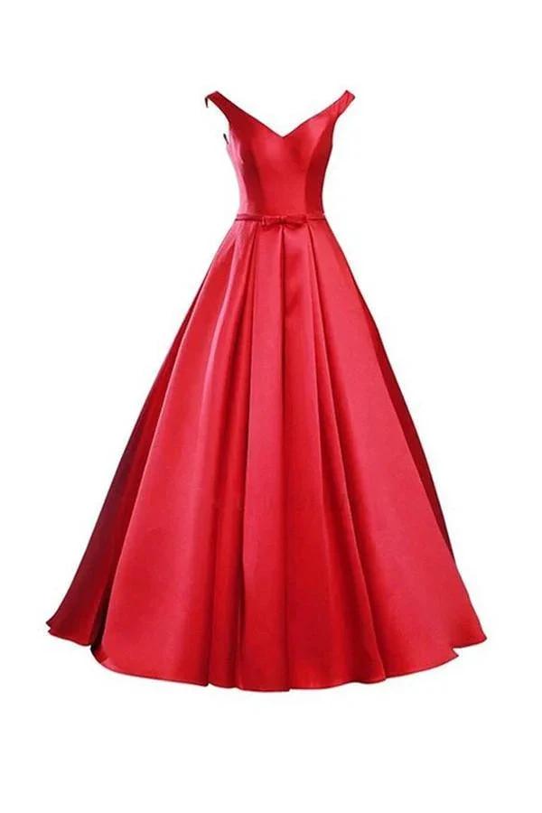 Simple V-Neck Bowknot Lace-Up Red Prom Dress Bridesmaid Dress (ZD13206) - VelvetHem