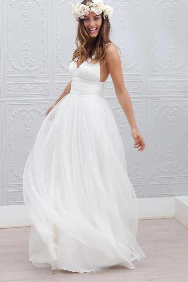 Simple V-neck Floor-Length Wedding Dress With Ruched Sash (ZD16274)