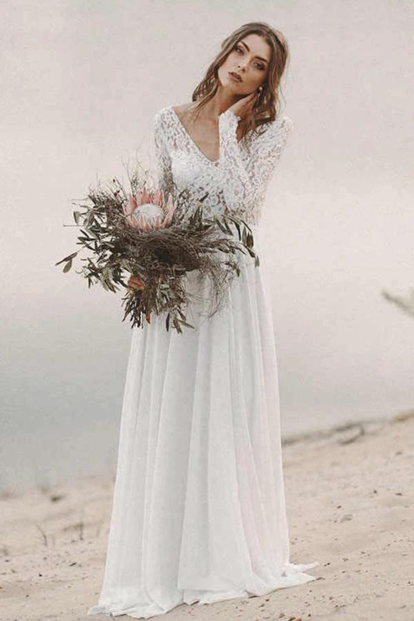 Simple V Neck Open Back Long Sleeves Lace Beach Wedding Dresses (ZD15299) - VelvetHem