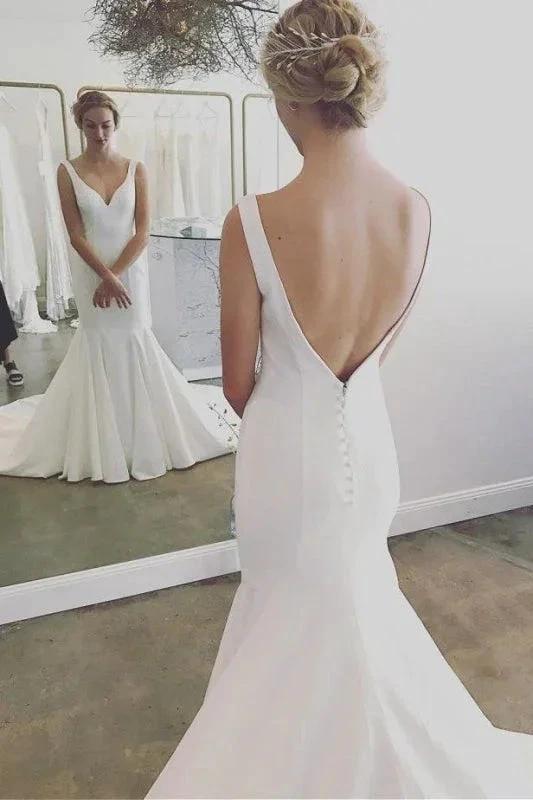 Simple V Neck Pretty Mermaid Long Beach Backless Elegant Wedding Dresses (ZD14723)