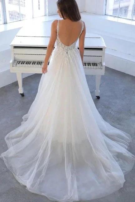 Simple V-Neck Sleeveless A-Line Tulle Wedding Dresses Bridal Gowns (ZD14982)