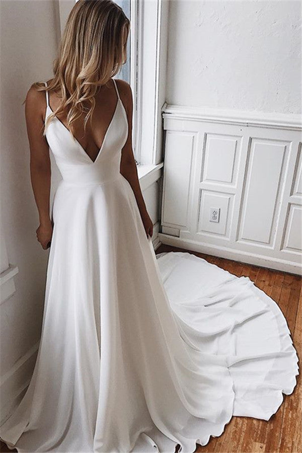 Simple V-Neck Sleeveless Chiffon Wedding Dress (ZD17531) - VelvetHem