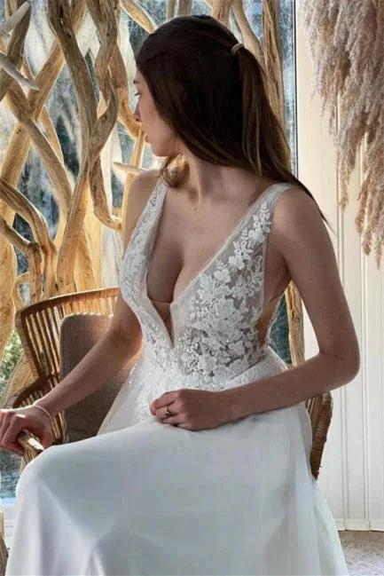 Simple White Chiffon Backless A-Line Wedding Dresses With Lace (ZD14638)