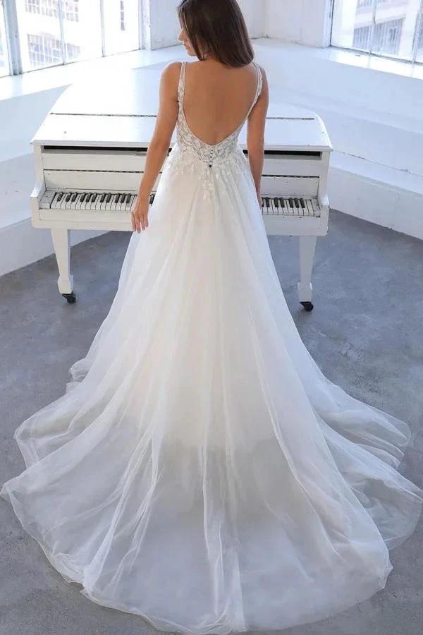 Simple White Long A-line V-neck Tulle Lace Backless Wedding Dress (ZD16754)