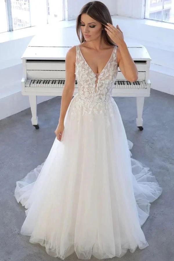 Simple White Long A-line V-neck Tulle Lace Backless Wedding Dress (ZD16754) - VelvetHem