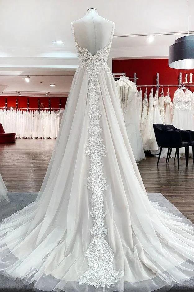 Simply Long A-line Tulle Lace Open Back Wedding Dresses (ZD15180)