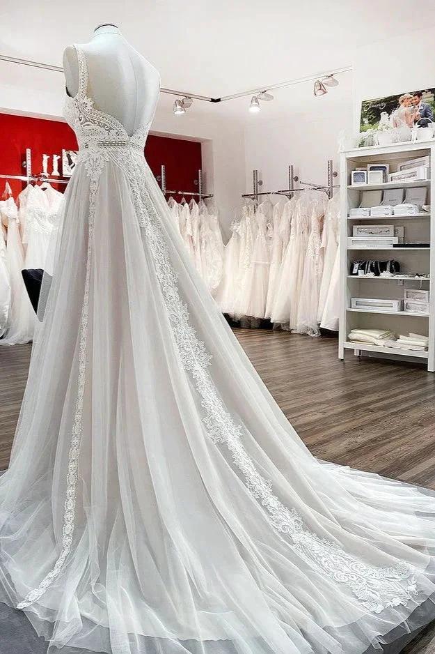 Simply Long A-line Tulle Lace Open Back Wedding Dresses (ZD15180)