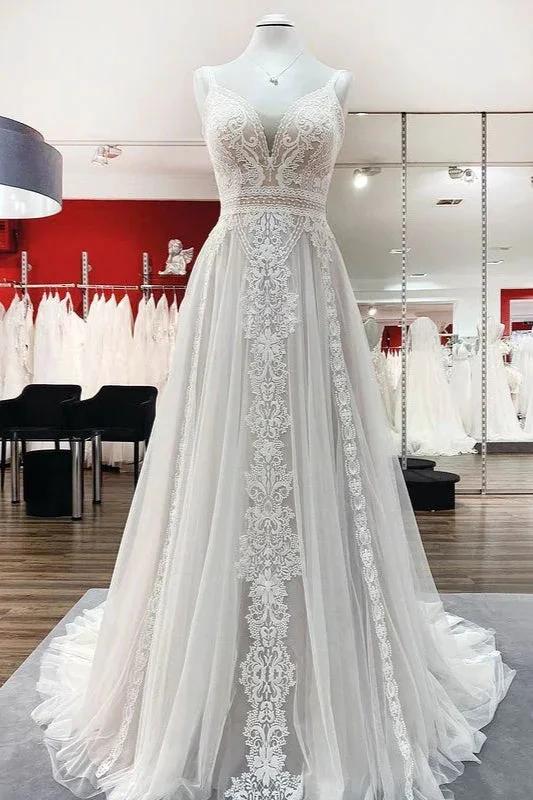 Simply Long A-line Tulle Lace Open Back Wedding Dresses (ZD15180)
