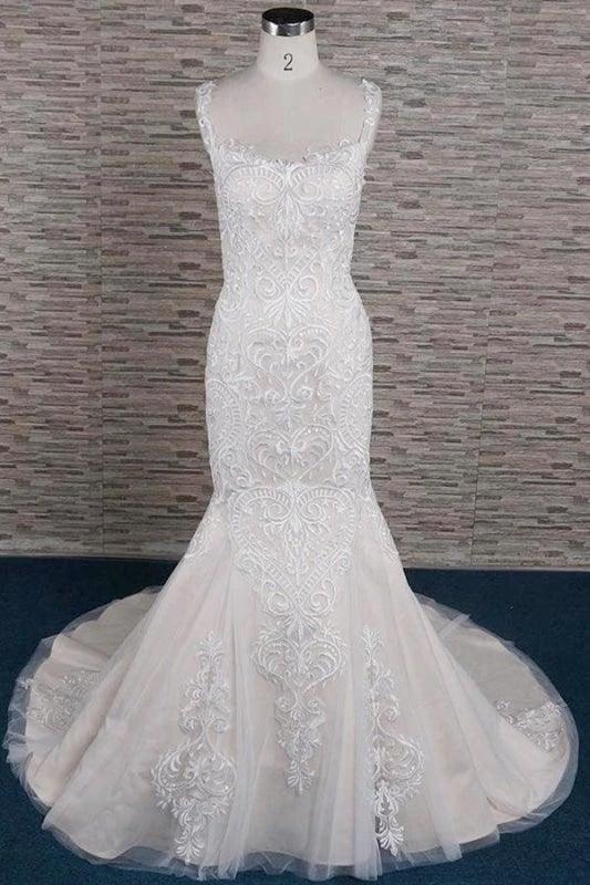 Sleek Square Neck Appliques Pretty Mermaid Elegant Wedding Dresses (ZD14712) - VelvetHem
