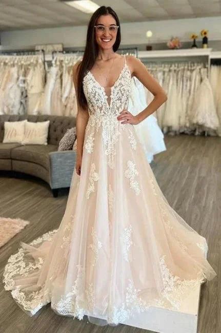 Sleeveless A-Line Floor Length Spaghetti Straps Wedding Dress (ZD14881)