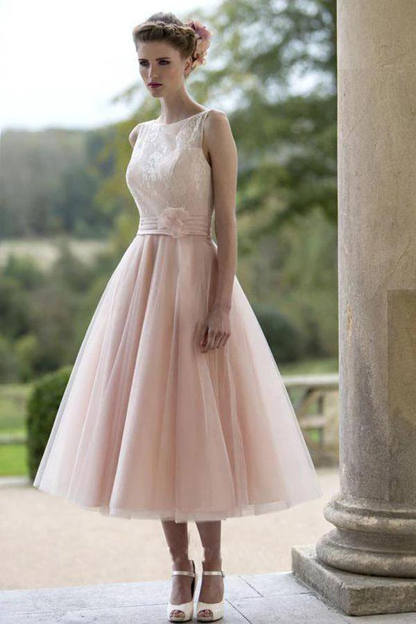 Sleeveless Blush Pretty Flower Length Tulle Fall Wedding Dress (ZD15430) - VelvetHem