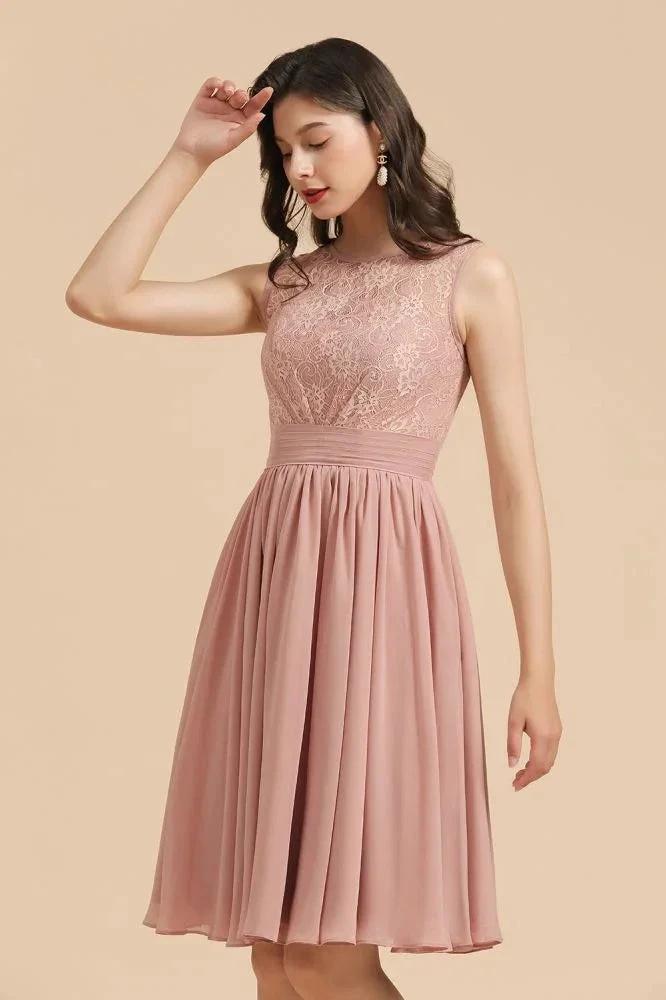 Sleeveless Crew neck Lace Chiffon Party Dress Mini Bridesmaid Dress (ZD13097)