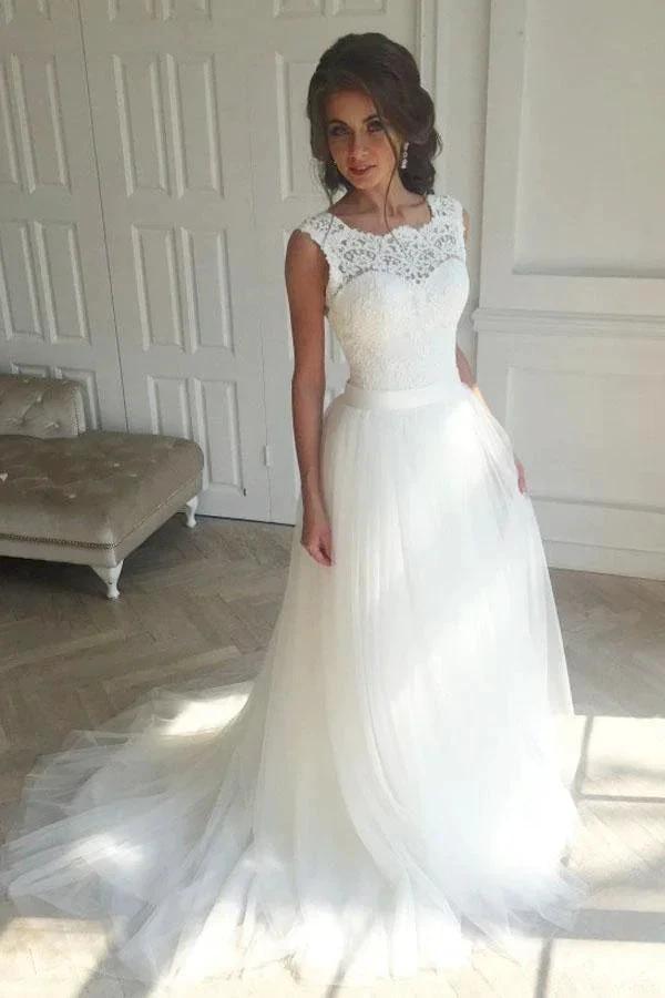 Sleeveless Lace White A-Line Sweep Train Wedding Dress (ZD16348) - VelvetHem