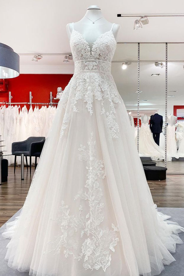 Sleeveless Tulle V Neck Ruffles Wedding Dresses With Lace (ZD17537) - VelvetHem