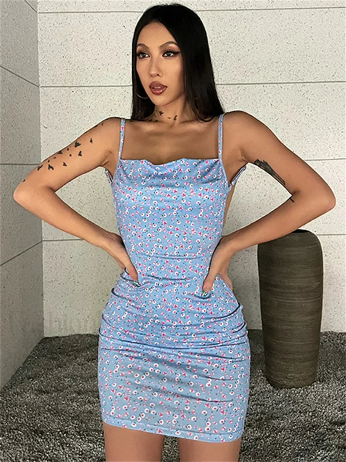 Sling Wrap Bodycon Floral Dress SKY BLUE / S