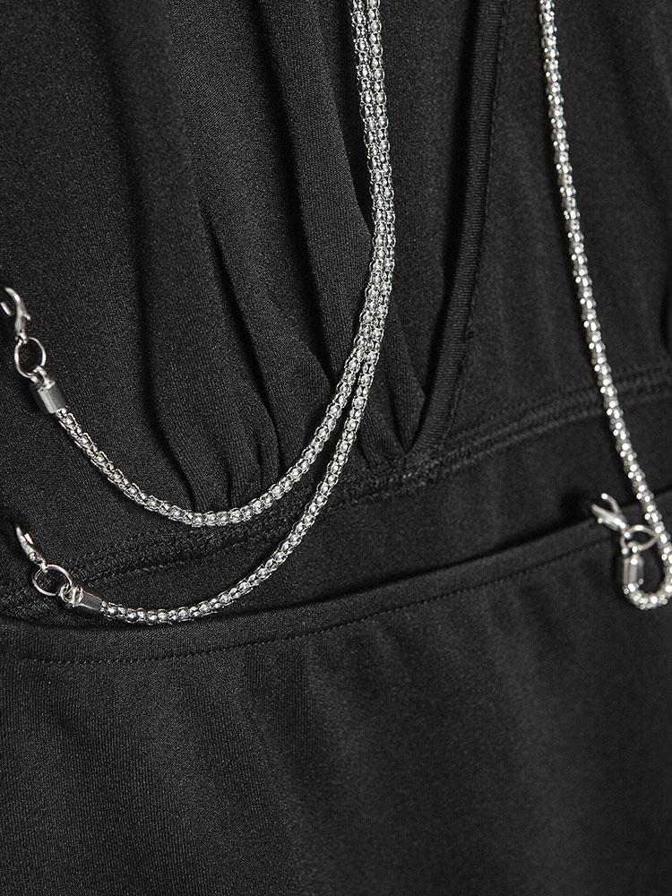 Solid V neck Chain Sleeveless Tight Dress