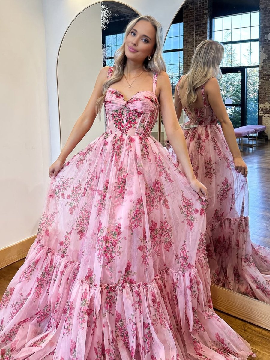 Pink A Line Sweetheart Floral Printed Chiffon Long Prom Dress with Bow - VelvetHem