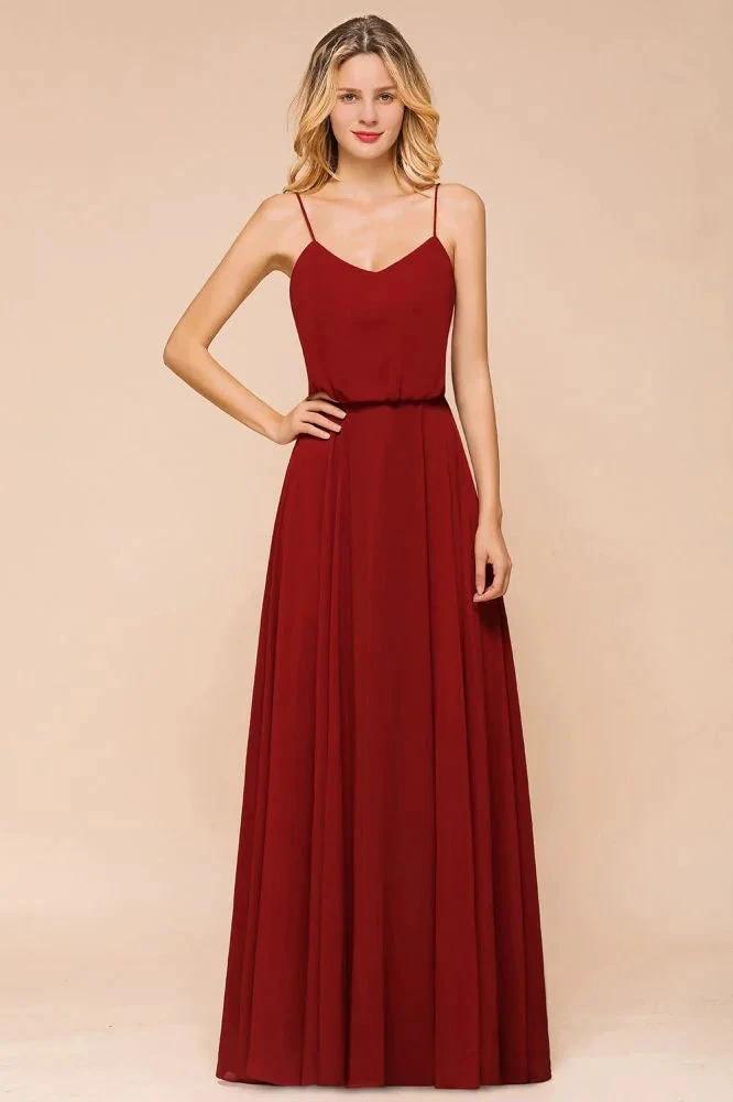Spaghetti Chiffon Bridesmaid Dress Backless Burgundy Floor-Length Beach Wedding Dress (ZD12956) - VelvetHem