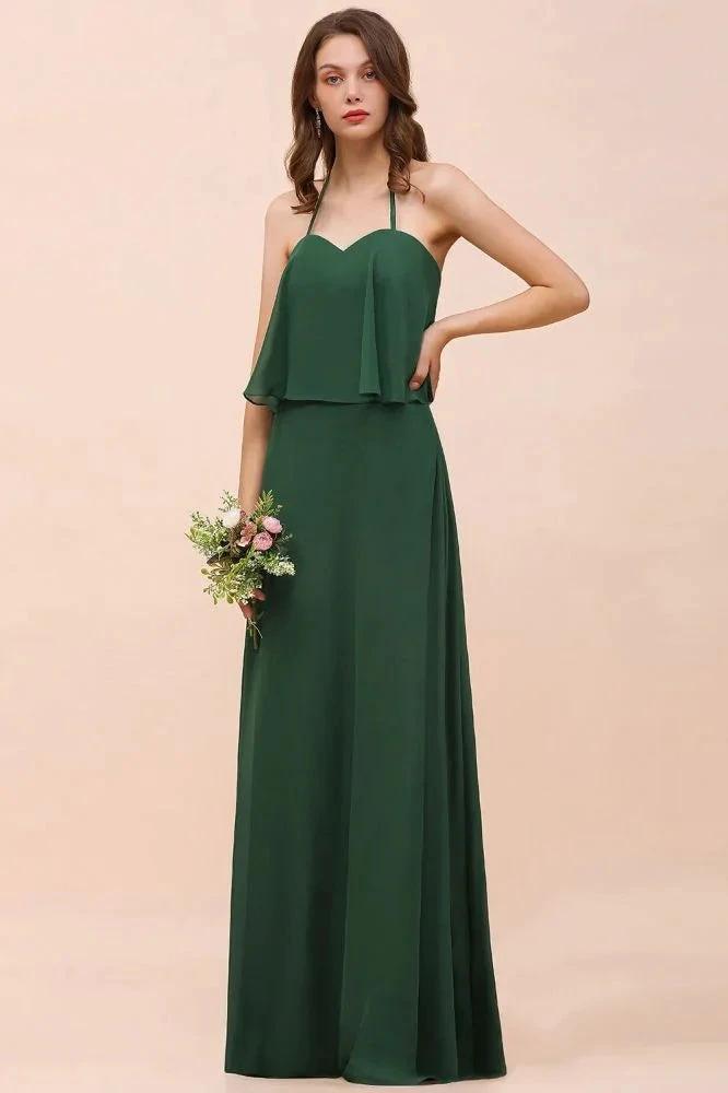 Spaghetti Chiffon Bridesmaid Dress Dark Green Maid of Honor Dress Floor Length (ZD12964)