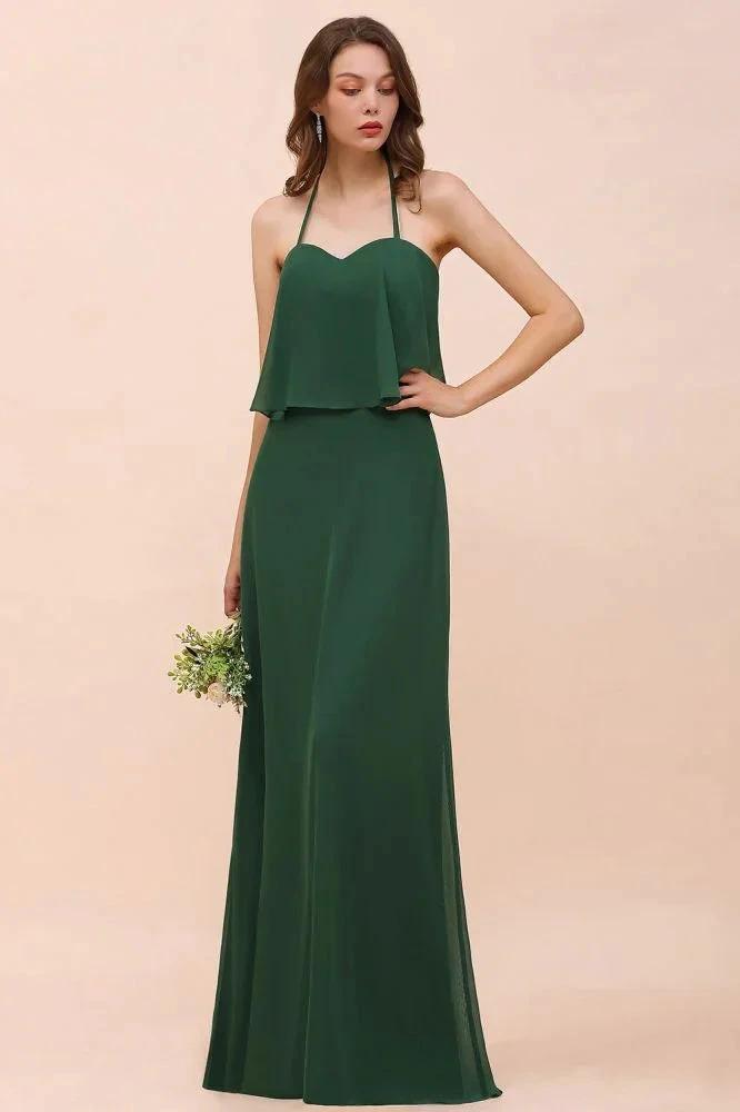Spaghetti Chiffon Bridesmaid Dress Dark Green Maid of Honor Dress Floor Length (ZD12964) - VelvetHem