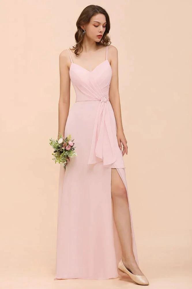 Spaghetti Side Split Pink Bridesmaid Dress Beach Simple Wedding Dress (ZD12989)