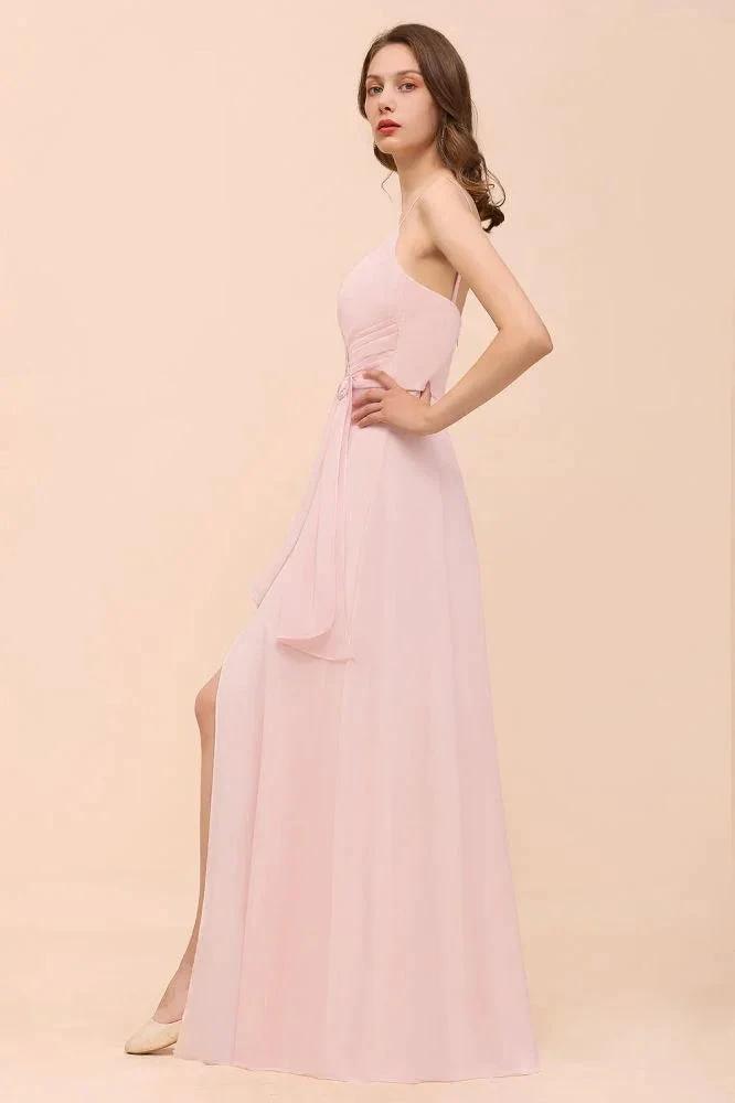 Spaghetti Side Split Pink Bridesmaid Dress Beach Simple Wedding Dress (ZD12989)