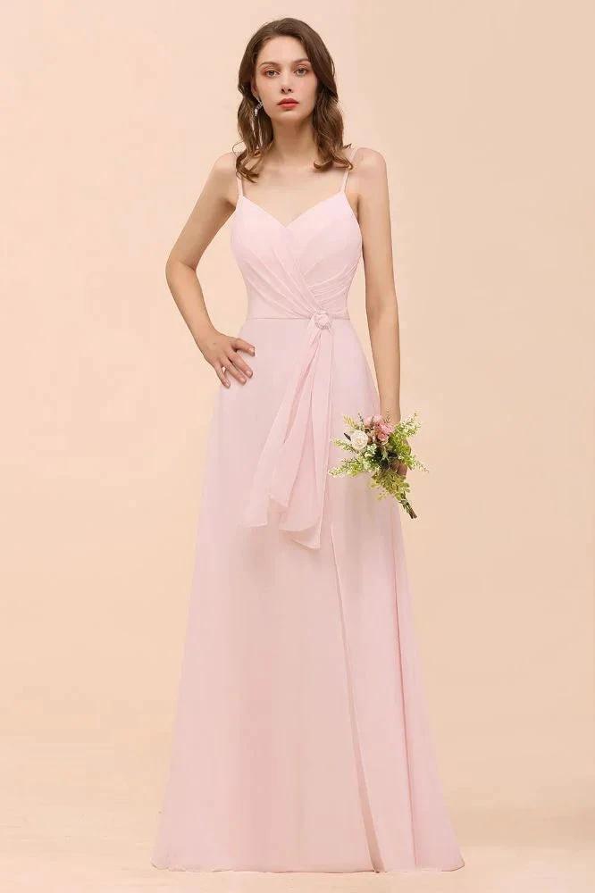 Spaghetti Side Split Pink Bridesmaid Dress Beach Simple Wedding Dress (ZD12989) - VelvetHem