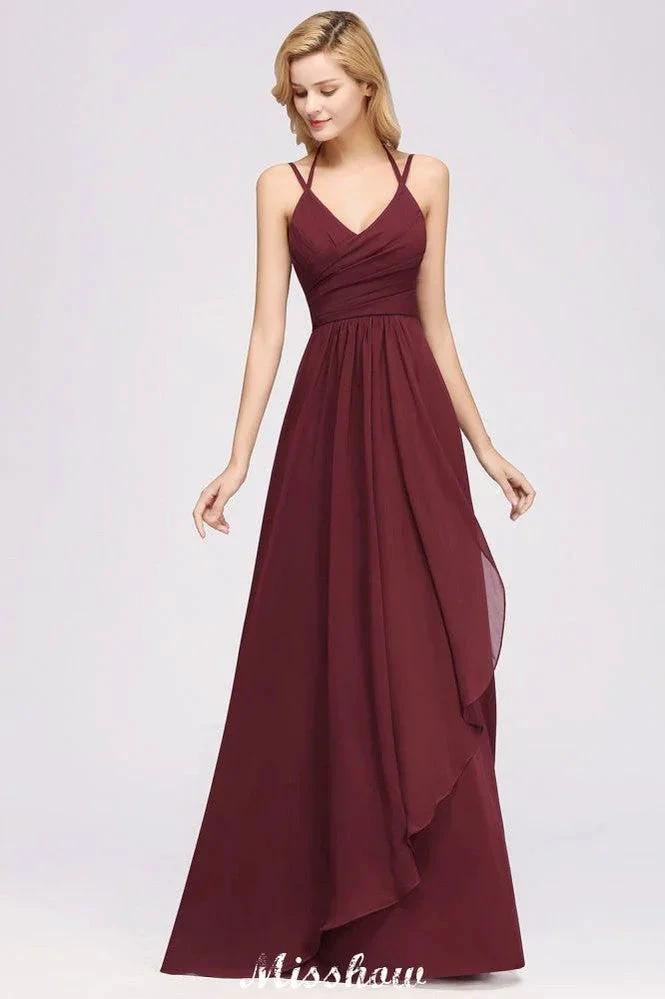 Spaghetti Sleeveless Ruffles A-line Chiffon Bridesmaid Dresses Straps Evening Maxi Dress (ZD12883) - VelvetHem