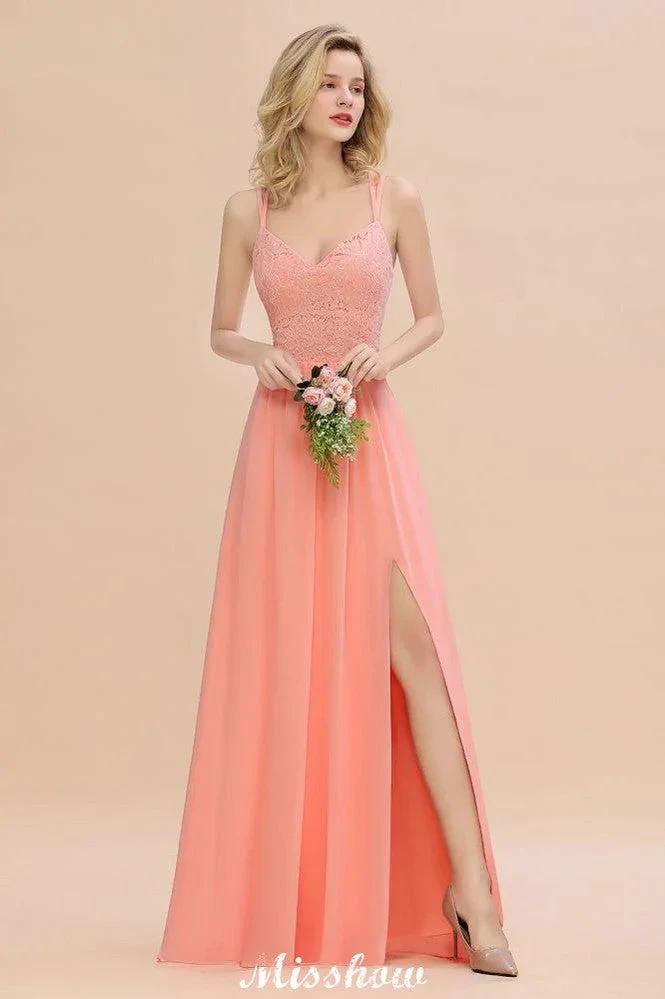 Spaghetti Slim Side Split Bridesmaid Dress Sky Blue V-Neck Wedding Party Dress by misshow.com