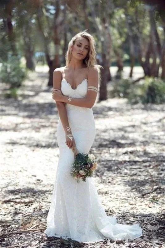 Spaghetti Strap Lace Beach Backless V Neck Sweep Train Long Elegant Wedding Dresses (ZD14720) - VelvetHem