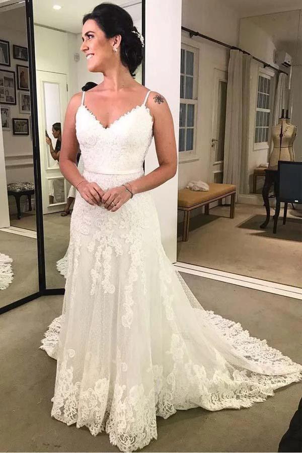 Spaghetti Strap Printed Backless Lace Beach Wedding Dresses with Sash (ZD15328) - VelvetHem