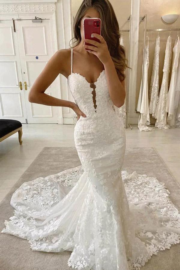 Spaghetti Straps Deep V Neck Mermaid Sweep Train Wedding Dress (ZD16334) - VelvetHem