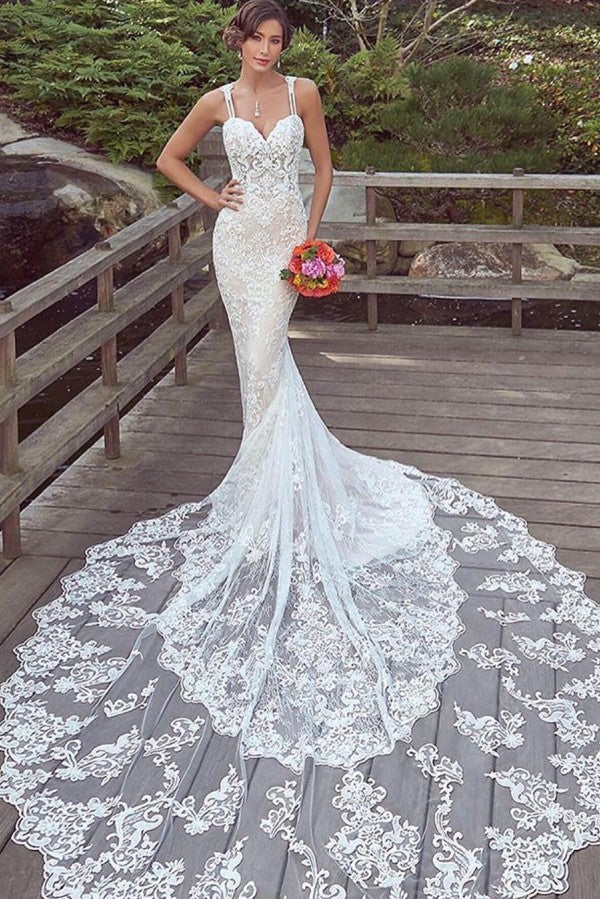 Spaghetti-Straps Lace Wedding Dress Mermaid Bridal Gowns Sleeveless (ZD17524) - VelvetHem