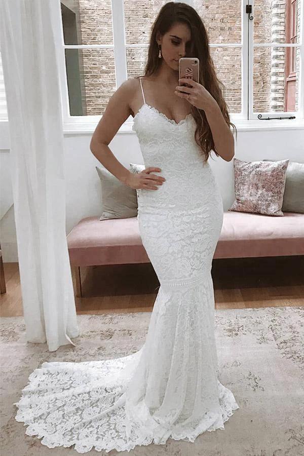 Spaghetti Straps Mermaid All Over Lace Ivory Wedding Dress (ZD16265) - VelvetHem