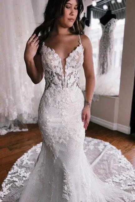 Spaghetti Straps Mermaid Floor Length Lace Wedding Dress with Chapel Train (ZD14890)