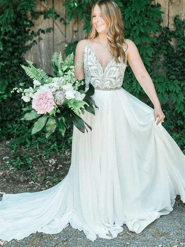 Spaghetti Straps Neckline A-line Rustic Wedding Dresses With Beaded (ZD16000)