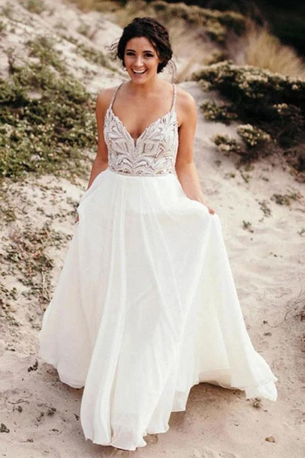 Spaghetti Straps Neckline A-line Rustic Wedding Dresses With Beaded (ZD16000)