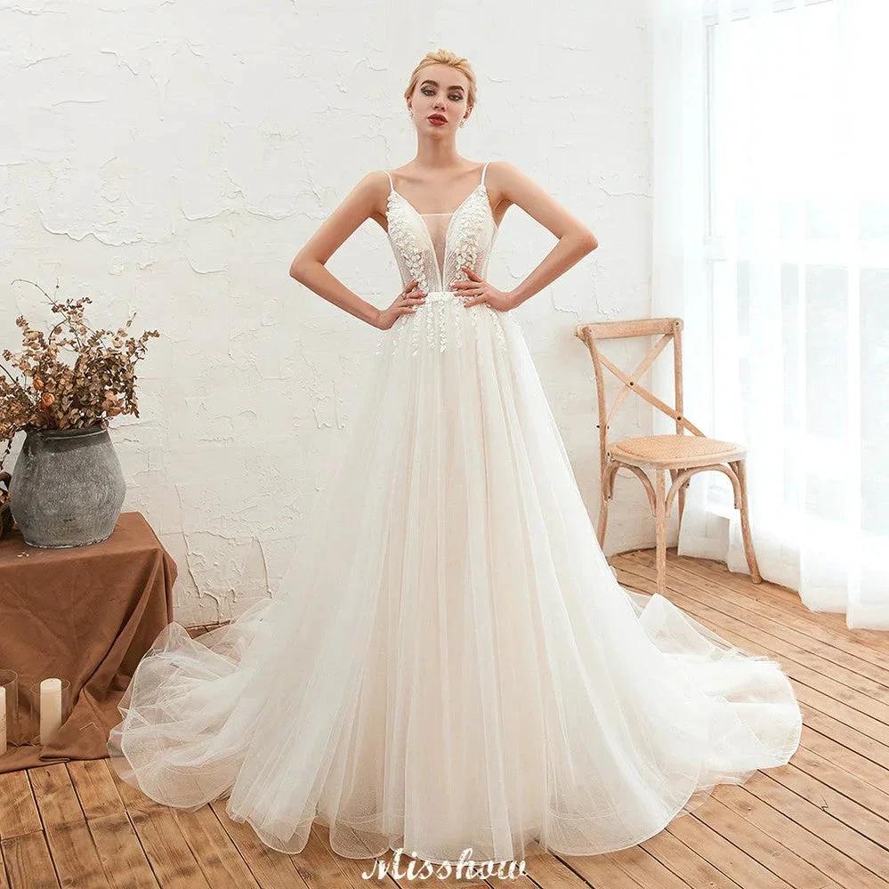 Spaghetti Straps Plunging V-Neck Wedding Dress Low Back Champagne Bridal Gown (ZD13981) - VelvetHem