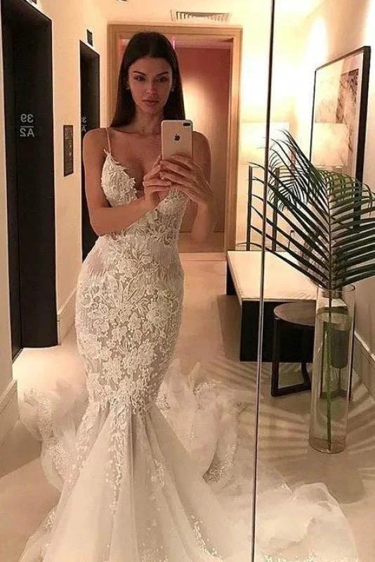 Spaghetti Straps Pretty Mermaid Appliqued V-neck Tulle Elegant Wedding Dresses (ZD14724) - VelvetHem