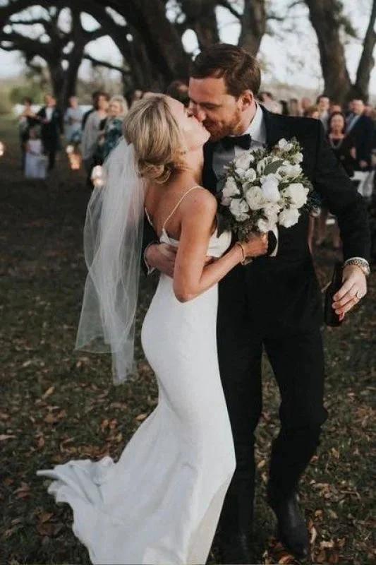 Spaghetti Straps Pretty Mermaid Backless V-Neck Beach Simple Boho Elegant Wedding Dresses (ZD14721) - VelvetHem
