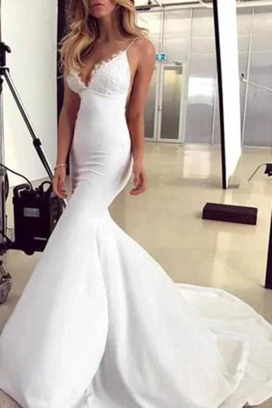 Spaghetti Straps Pretty Mermaid Lace Appliques Sexy Backless Elegant Wedding Dresses (ZD16577) - VelvetHem