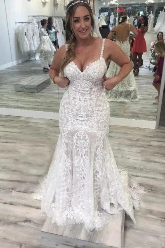 Spaghetti Straps Pretty Mermaid V Neck Backless Lace Elegant Wedding Dresses (ZD14714)