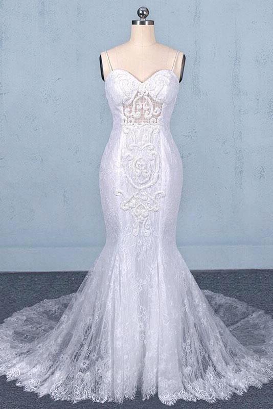 Spaghetti Straps Pretty Mermaid with Appliques Lace Beach Elegant Wedding Dresses (ZD14715)